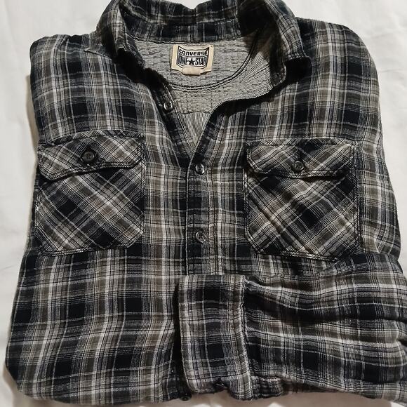 Converse ONE STAR  Men's Small double-layer Cotton Black Plaid Button-Up shirt - Picture 9 of 16